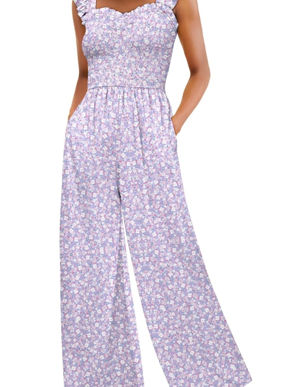 Lavender Floral Smocked Wide-Leg Jumpsuit